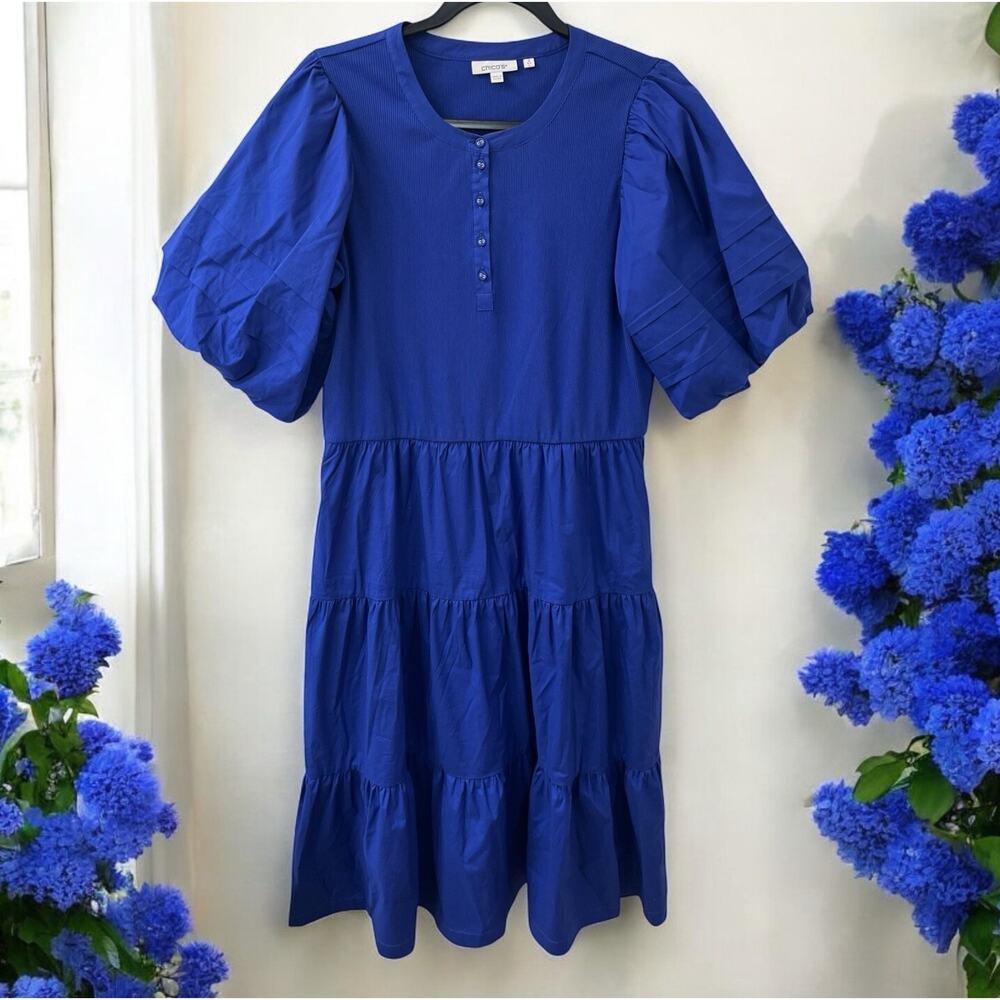 Chico’s Women Blue Midi Dress Plus‎ Size 2 (Large) Puff Sleeve Crew Neck Tiered